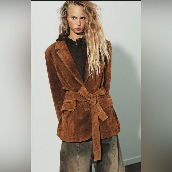 NWT ZW Zara Brown Pig Leather Suede Women's Jacket Blazer Belt M-L Toffee 4341 - Picture 4 of 7